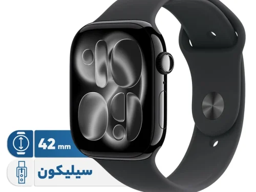 ساعت هوشمند 42 میلی متری اپل مدل Series 11 Aluminum Case با بند سیلیکونی بدنه خاکستری بند مشکی